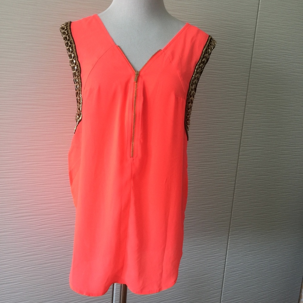 Bebe Bright Orange Top with Gold Sleeve Detail